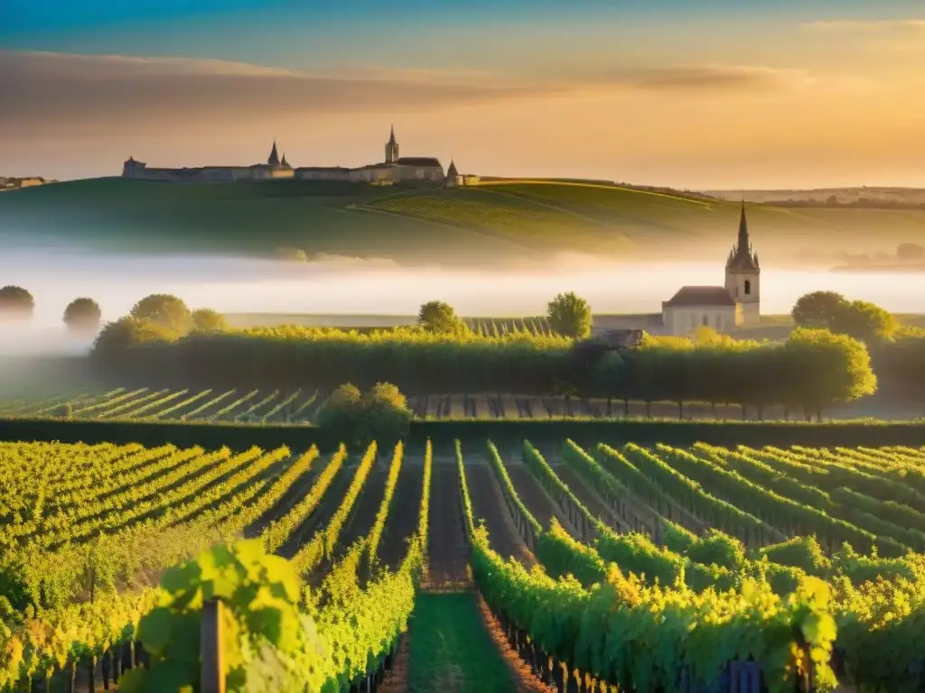 Experiencia vinícola en Bordeaux: Viñedos dorados al atardecer con chateaux históricos al fondo