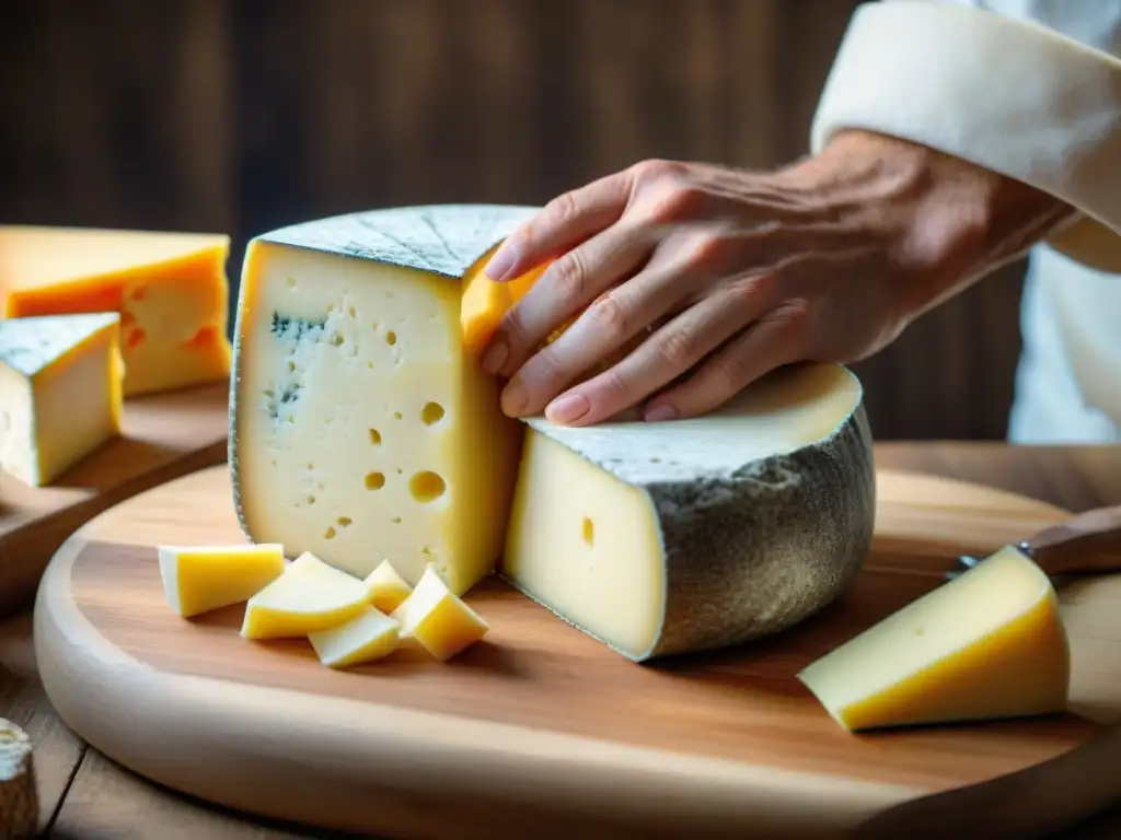 Las experimentadas manos de un maestro quesero vuelven con cuidado una rueda de queso francés envejecido, sobre una tabla de maduración de madera