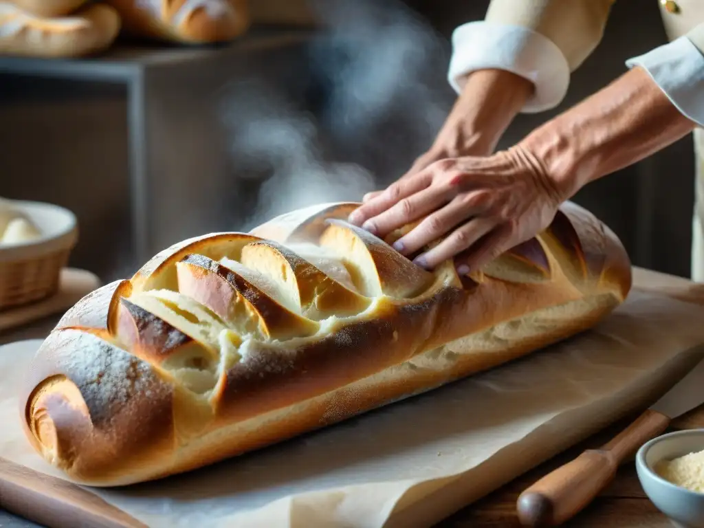 Las experimentadas manos del panadero francés moldean una baguette, destacando el arte del pan y el uso de levaduras en Francia