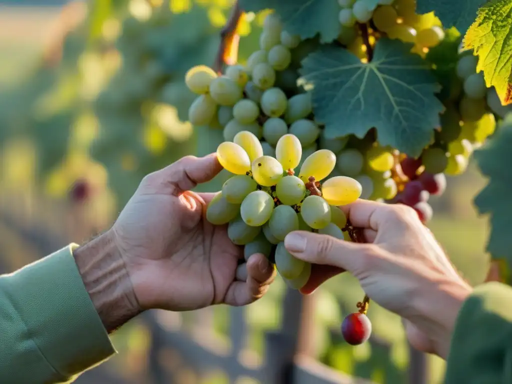 Las experimentadas manos de un viticultor francés sostienen racimos de uvas Chardonnay doradas en un viñedo de Borgoña al amanecer