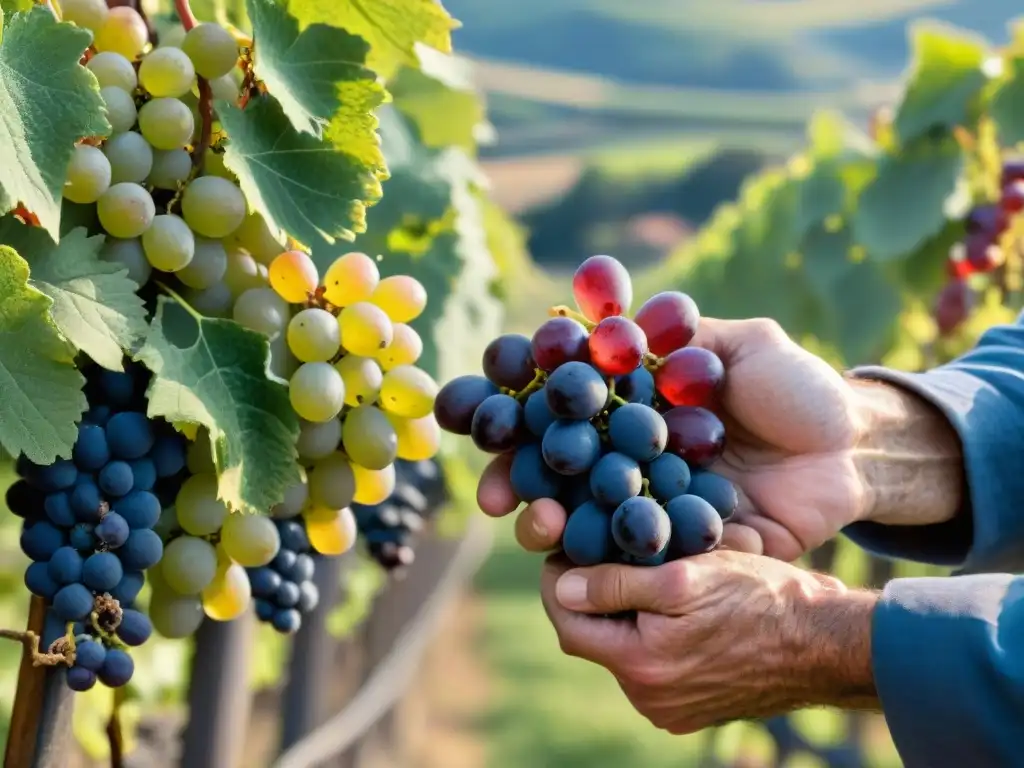 Las experimentadas manos del viticultor sostienen uvas rojas en un viñedo francés soleado, enalteciendo la producción de vinos naturales en Francia