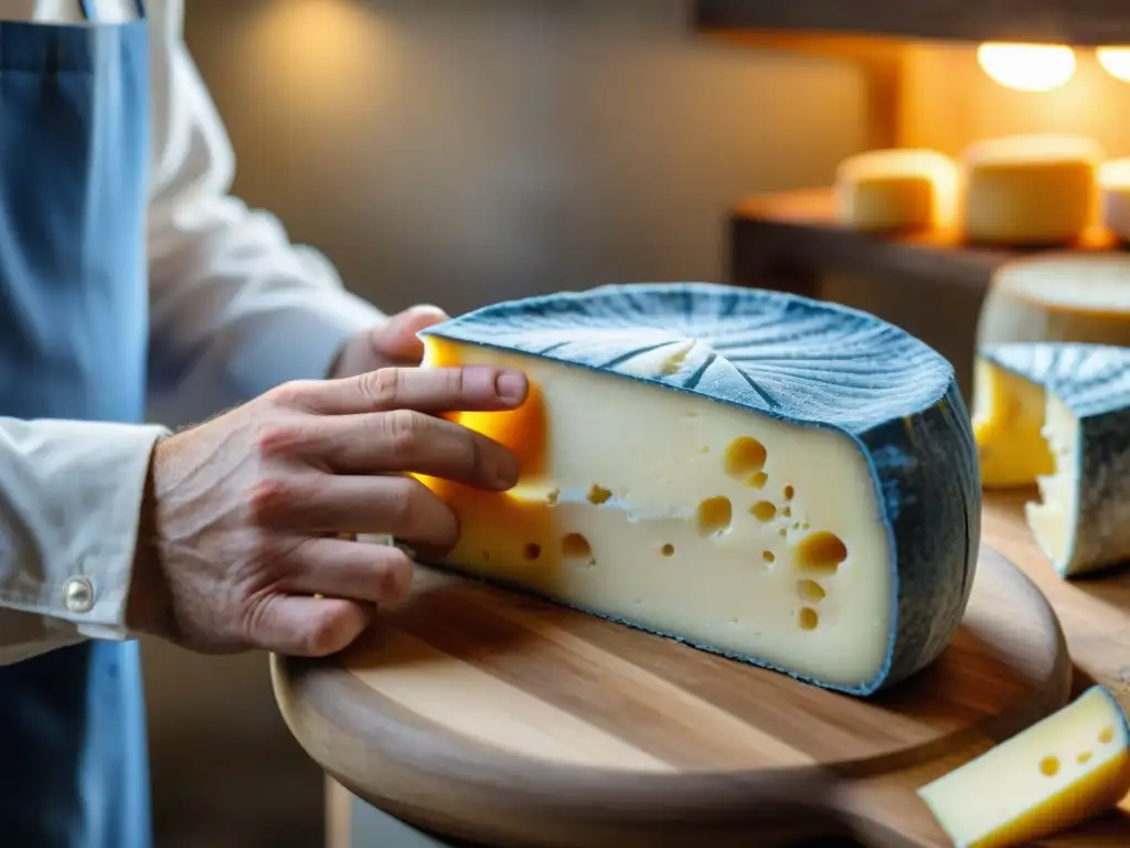 Un experimentado artesano del queso inspecciona con cuidado una rueda de Bleu d'Auvergne, destacando la artesanía y detalle del queso francés