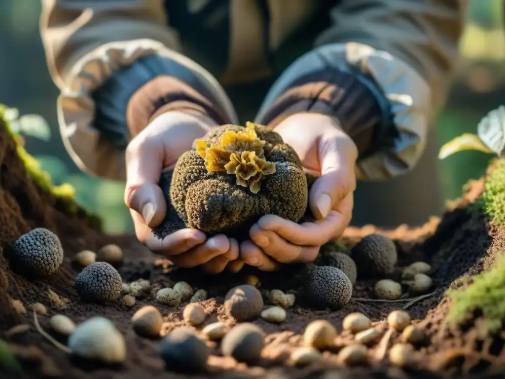 Un experimentado cazador de trufas descubre una rara trufa negra en el bosque