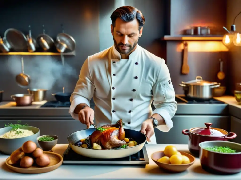 Un experimentado chef prepara con esmero un clásico Coq au Vin en una cocina francesa tradicional