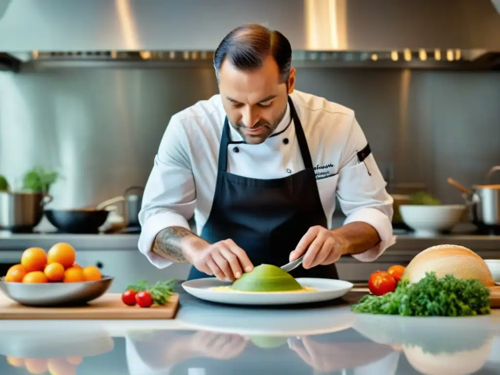 Un experimentado chef francés crea con maestría una innovadora y delicada receta infusionada con Champaña en una moderna cocina