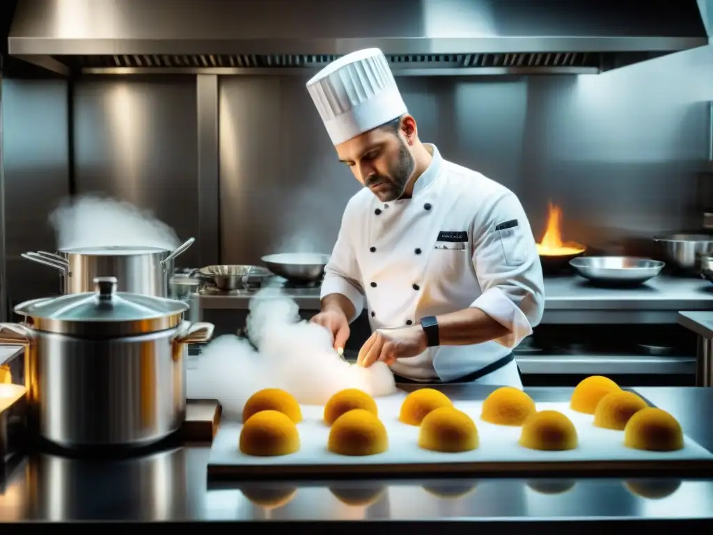 Un experimentado chef francés esculpe una obra de arte de azúcar en una cocina parisina vanguardista