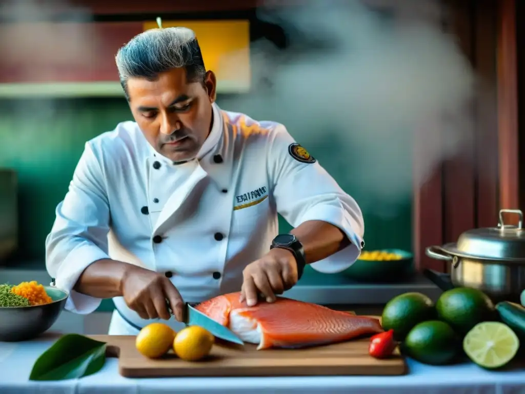 Chef experto en Guadalupe filetea pescado con destreza y coloridos tropicales Un experimentado chef en Guadalupe filetea un pescado con precisión y destreza, destacando las técnicas culinarias de Guadalupe y Martinica
