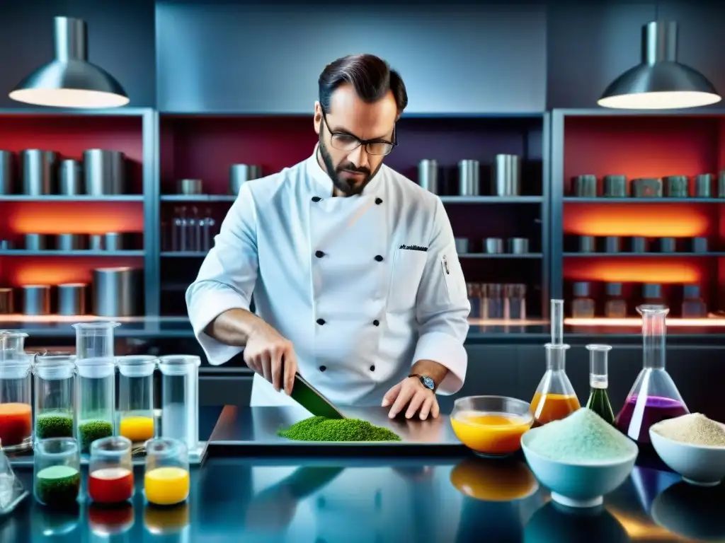 Experimentadores en laboratorio culinario francés, fusionando ciencia y gastronomía con precisión y creatividad