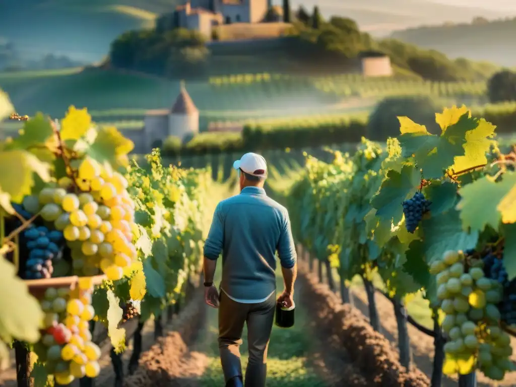 Experimentados viticultores cosechando uvas en un Château Francés al amanecer