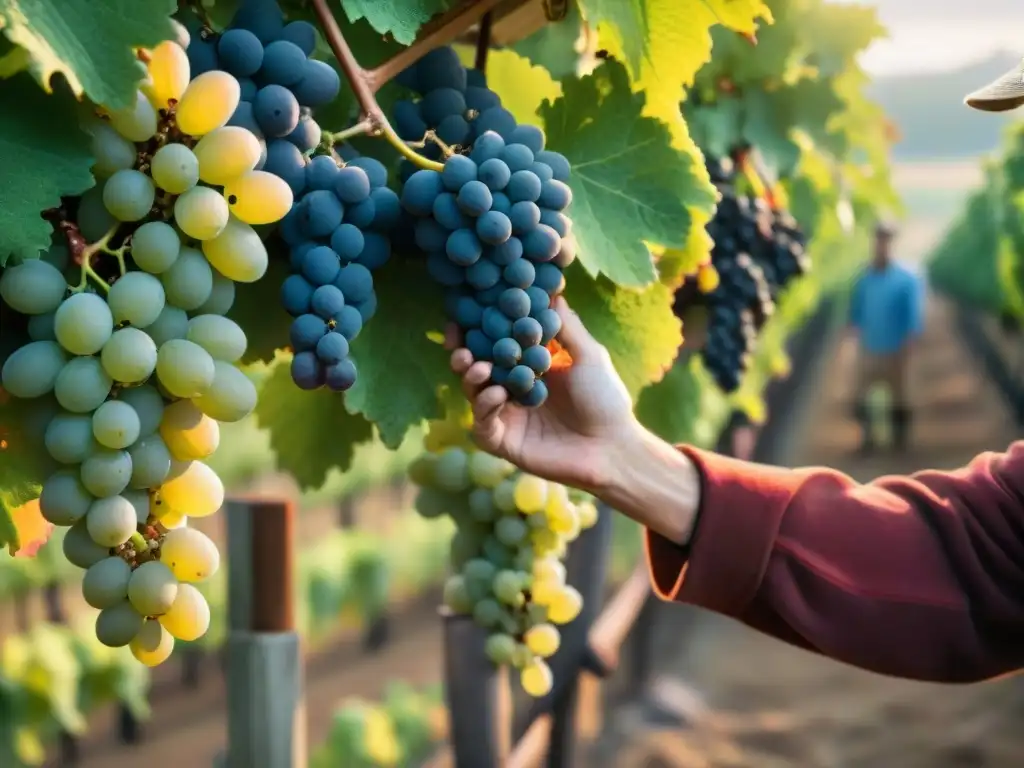 Experimentados viticultores seleccionando uvas en viñedo francés al amanecer