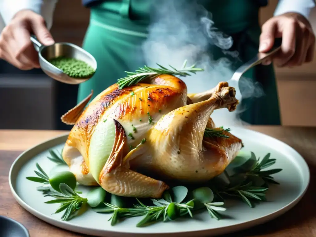 Chef sazonando un pollo asado con tarragon fresco Las expertas manos de un chef sazonando un pollo asado con estragón fresco, resaltando la precisión y arte de la cocina francesa