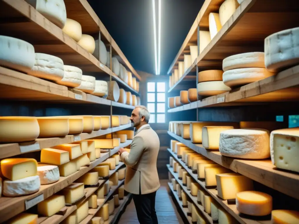 Un experto afinador de queso inspecciona una bodega francesa llena de quesos envejecidos, mostrando la tradición detrás del proceso