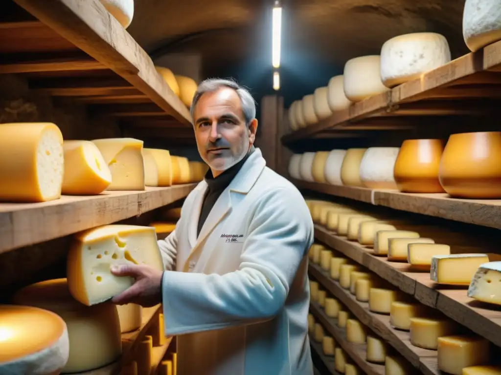 Un experto afinador de queso en Francia inspecciona cuidadosamente las ruedas de queso en una bodega tradicional