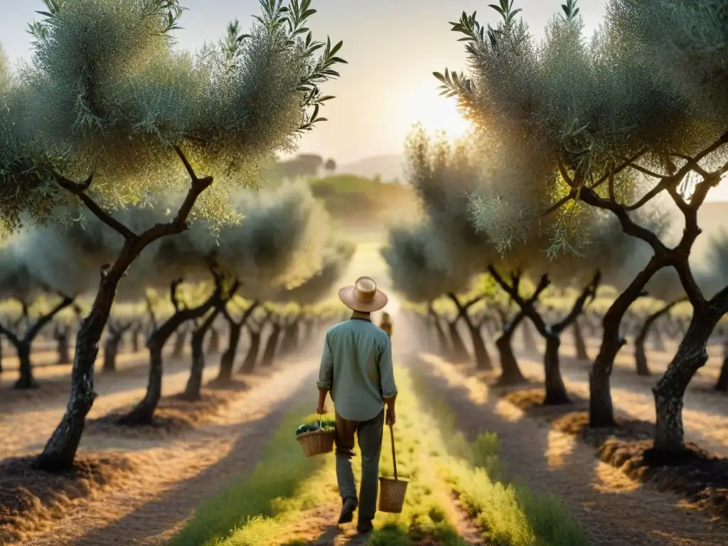 Un experto agricultor francés inspecciona olivos al atardecer, capturando la esencia de los aceites de oliva franceses gourmet