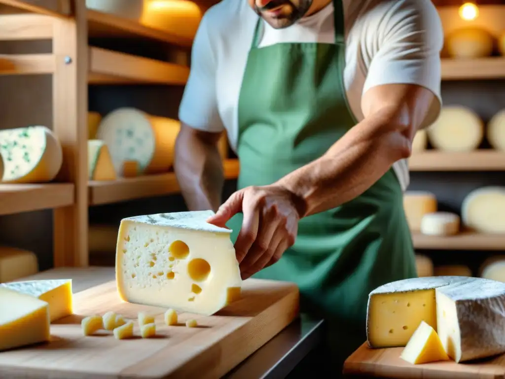 Un experto artesano moldea un queso francés vegano en taller tradicional