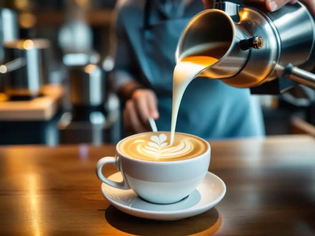 Un experto barista francés crea una hermosa flor en un café con leche, reflejando la cultura gastronómica de Francia