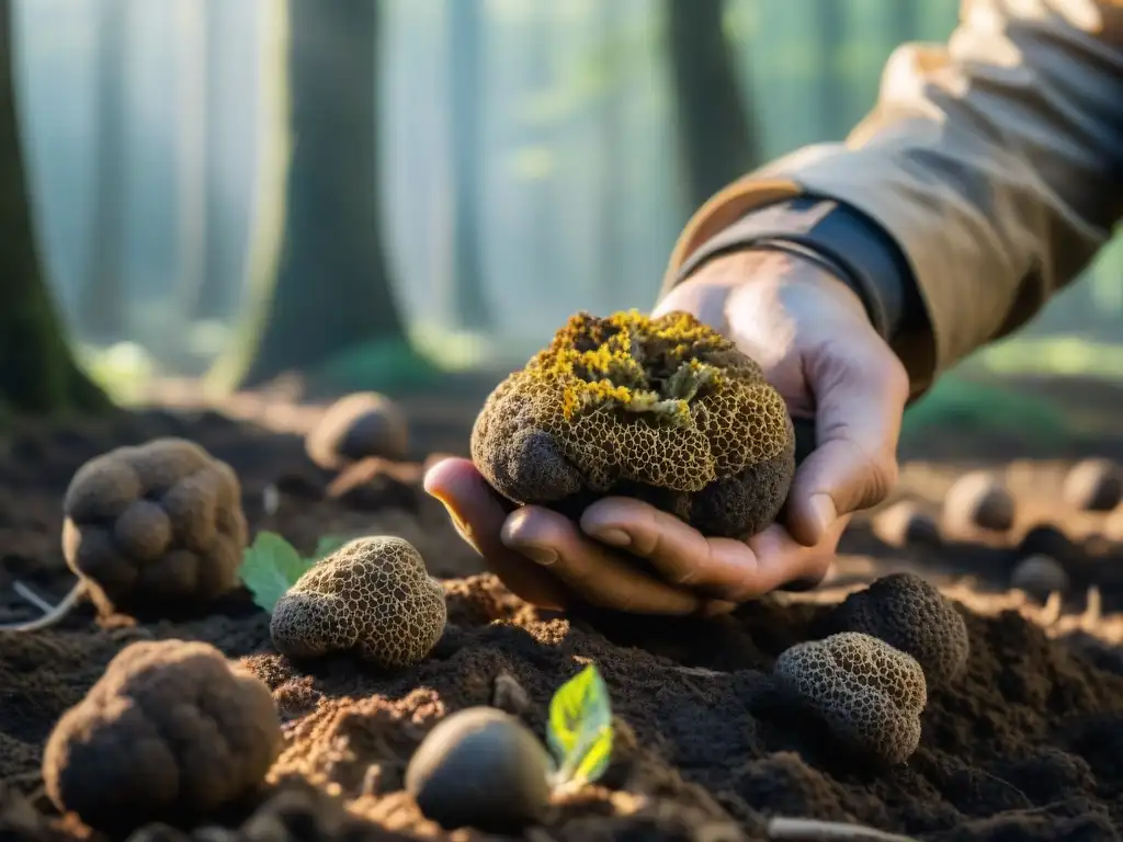 Maestro truficultor: la magia ancestral de la cosecha Un experto cazador de trufas desenterrando con delicadeza un tesoro negro en el suelo del bosque