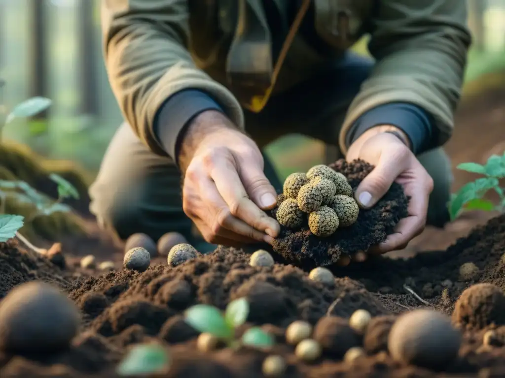 Un experto cazador de trufas desentierra con destreza una preciada trufa negra en un bosque europeo