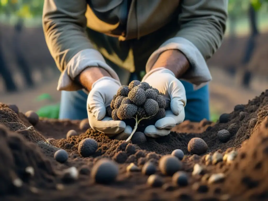 Un experto cazador de trufas limpia con cuidado una trufa negra recién desenterrada en un huerto en Provenza