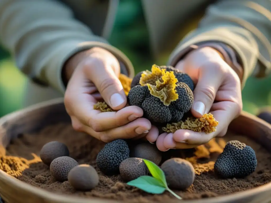 Un experto cazador de trufas negras de Périgord, mostrando con delicadeza su recién cosechada joya culinaria en un bosque de robles frondosos