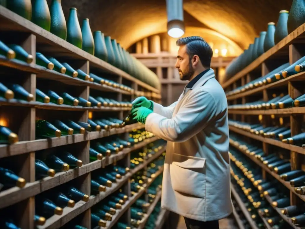 Un experto rima Champagne en bodega tradicional, mostrando diferencias entre Champagne y Cava