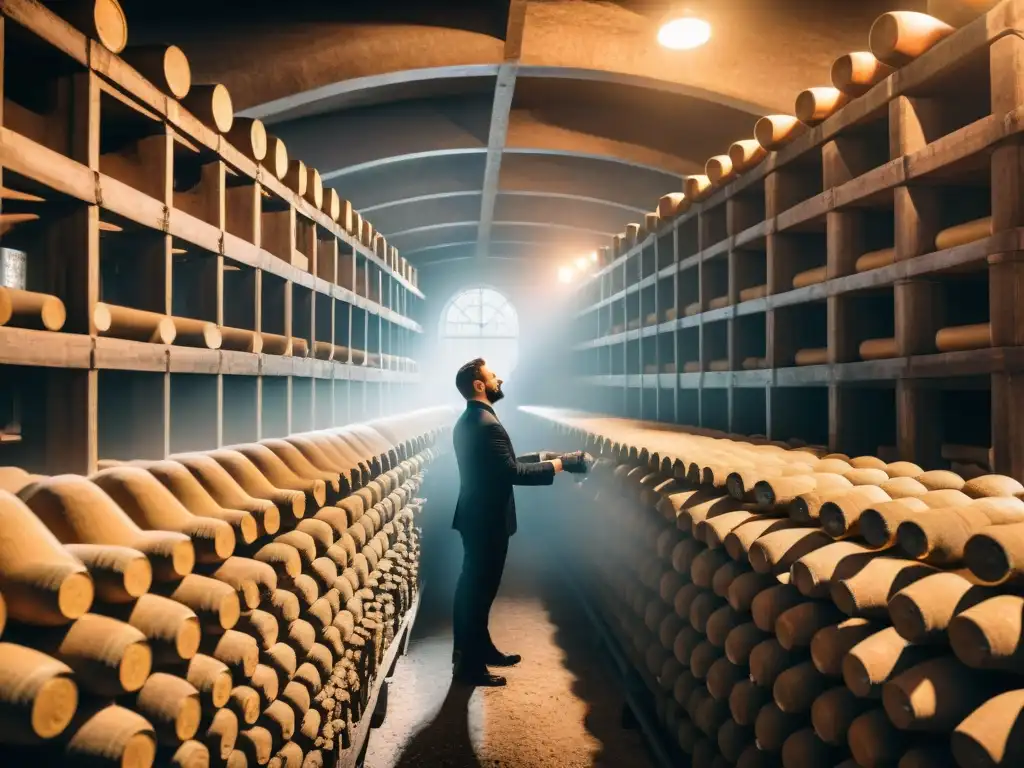 Un experto en champagne gira cada botella en una bodega tradicional