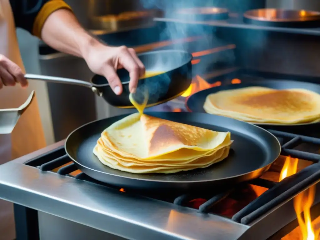 Un experto chef voltea un crêpe dorado en una sartén de hierro sobre una llama, mostrando las diferencias entre crêpes y galettes