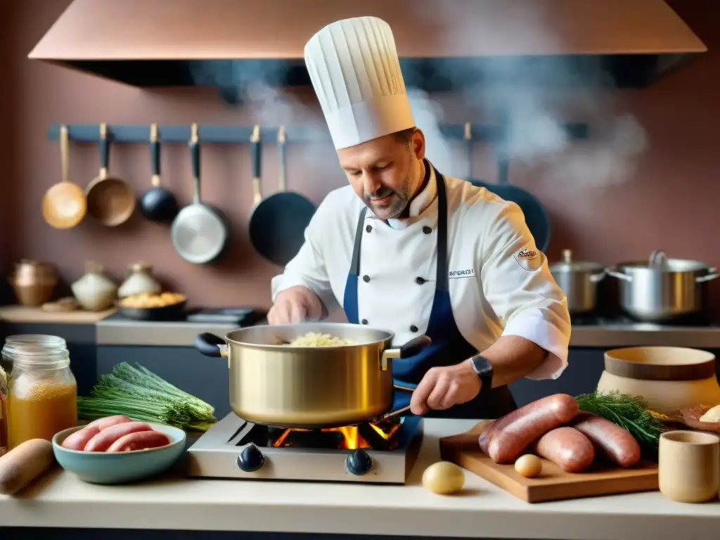 Un experto chef prepara una receta Choucroute Garnie Alsacia en una cocina tradicional, iluminada cálidamente