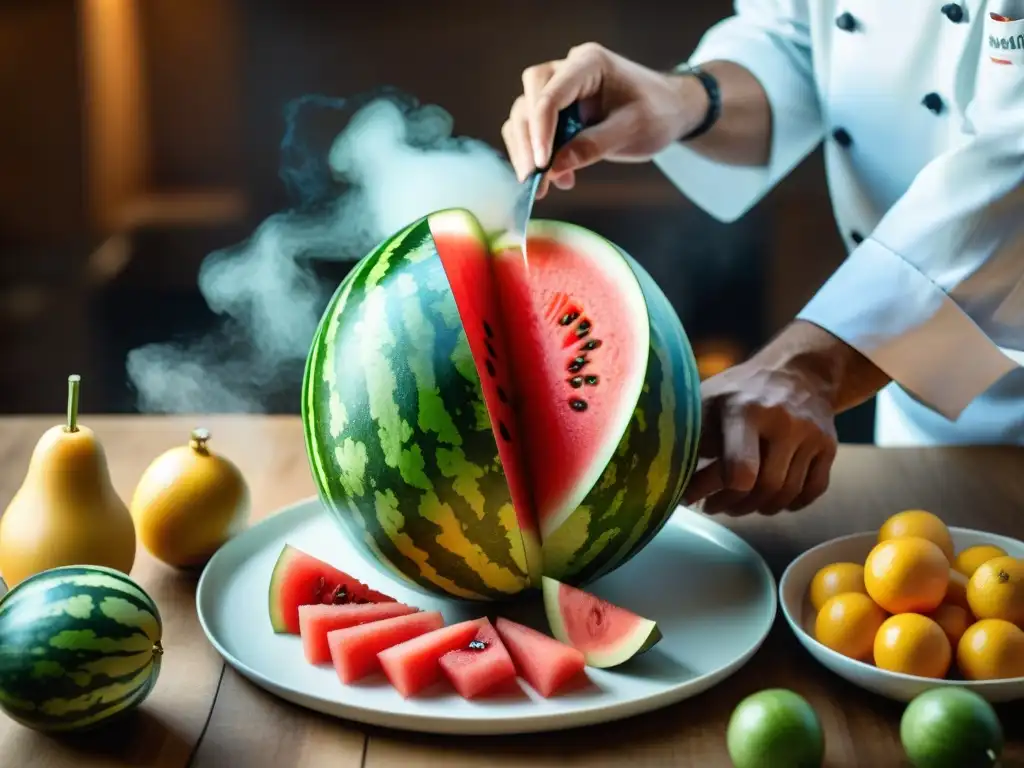 Un experto chef tallando una sandía con precisión y arte, destacando las Técnicas de tallado de frutas