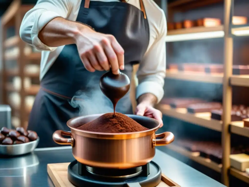 Experto chocolatero francés mezclando chocolate negro en olla de cobre, técnicas avanzadas chocolate francés postres