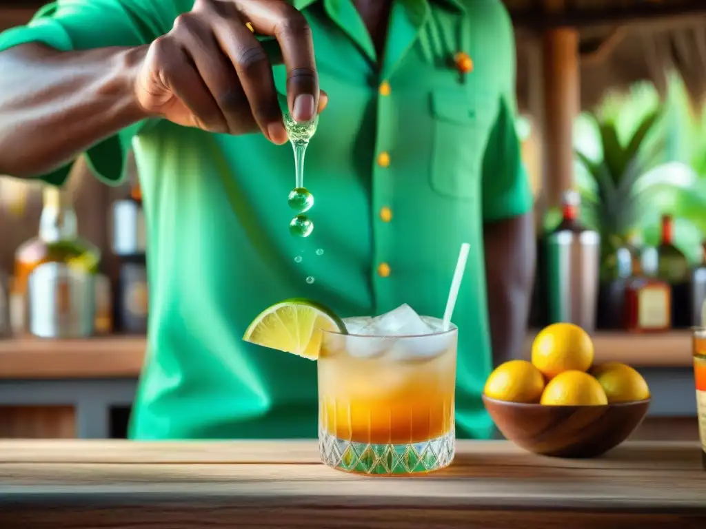 Un experto preparando un cóctel El Ti' Punch en un bar tradicional de Guadalupe, con ingredientes y ambiente caribeño