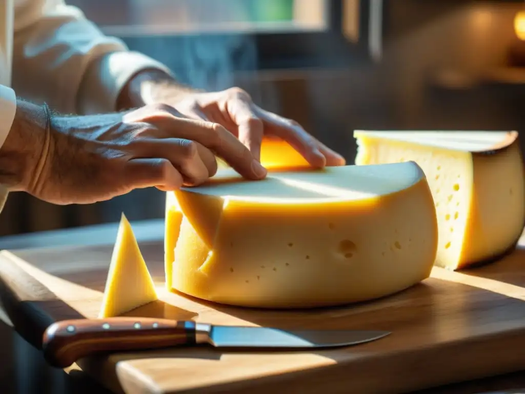 Un experto cortador de queso muestra su habilidad al rebanar un Manchego, destacando la artesanía en Concursos de corte de queso