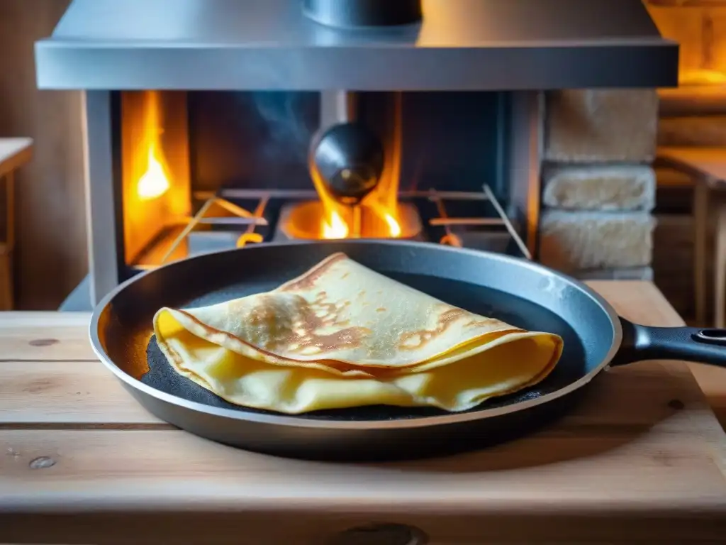 Un experto voltea una crepa dorada en una acogedora casa de crepes en Bretaña, capturando la esencia culinaria francesa