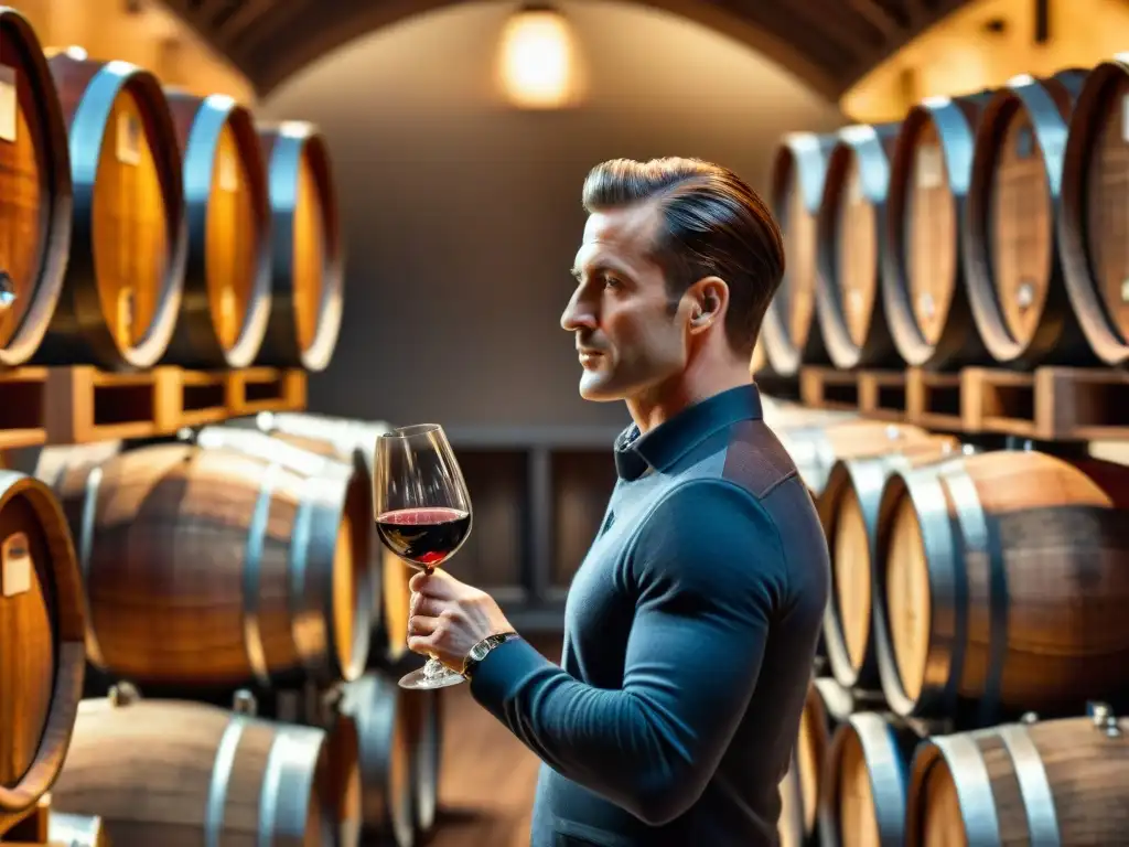 Experto en degustación de vinos franceses girando copa con maestría en bodega iluminada