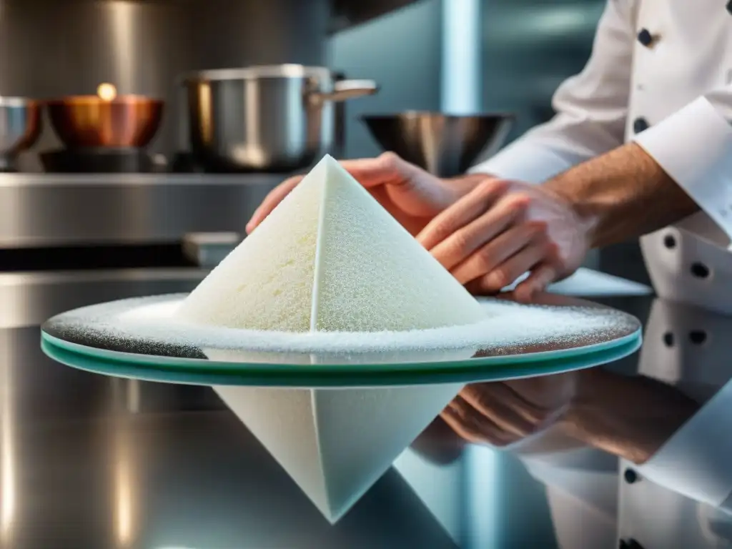 Experto chef francés esculpiendo una delicada figura de azúcar en cocina profesional