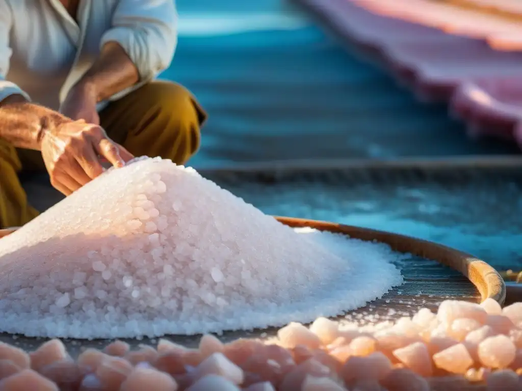 Un experto recolecta con destreza cristales de sal de mar francesa gourmet en estanques rosados al amanecer