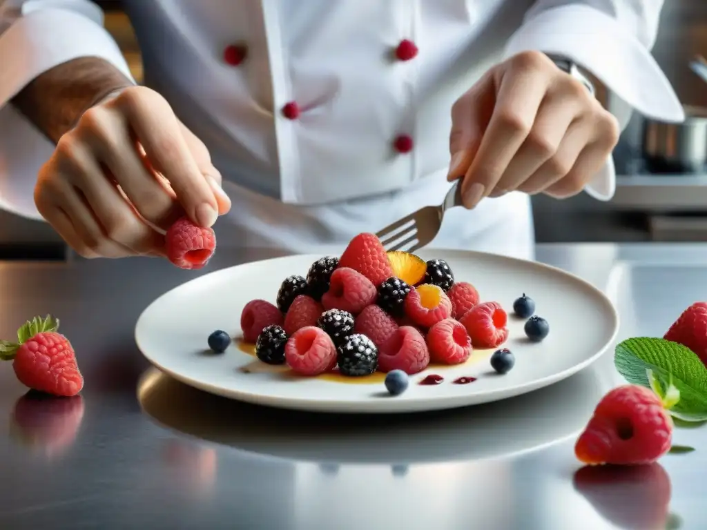 Un experto chef francés preparando con destreza un postre delicado con pequeñas frutas rojas, mostrando la precisión y arte de la gastronomía francesa