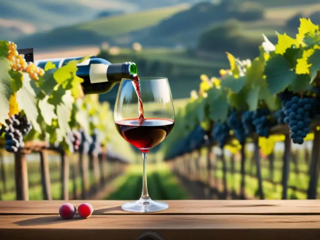 Un experto sommelier vierte con destreza un vino tinto orgánico francés de calidad en una copa de cristal, con el viñedo francés al fondo