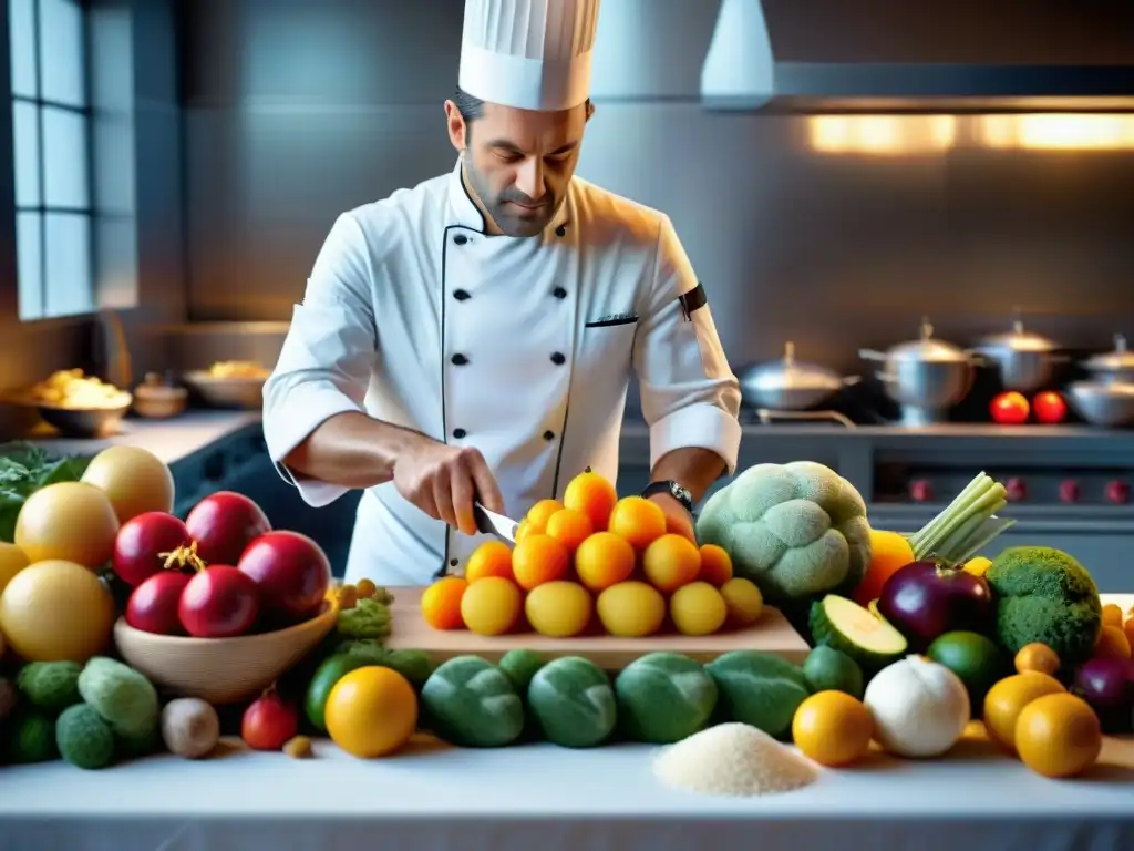 Un experto chef francés crea una escultura de azúcar rodeado de frutas y verduras frescas