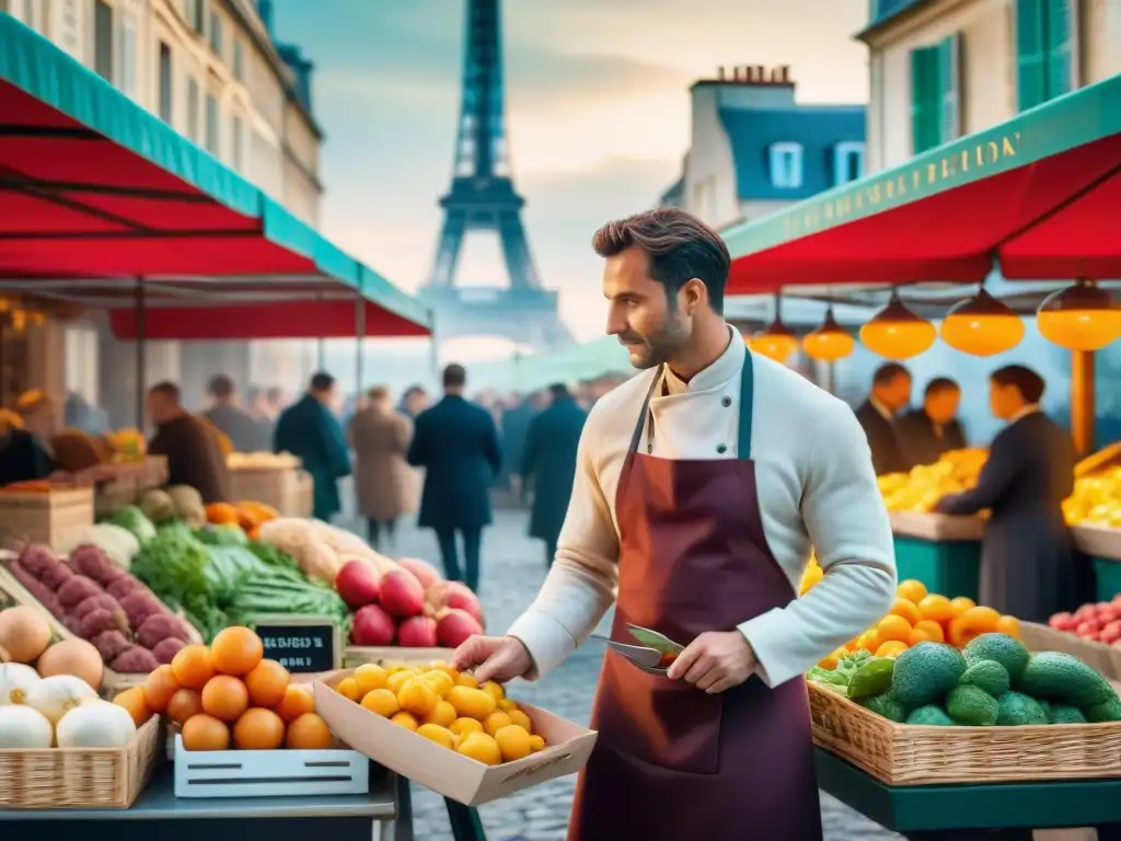 Un experto en gastronomía francesa elige ingredientes frescos en un bullicioso mercado parisino