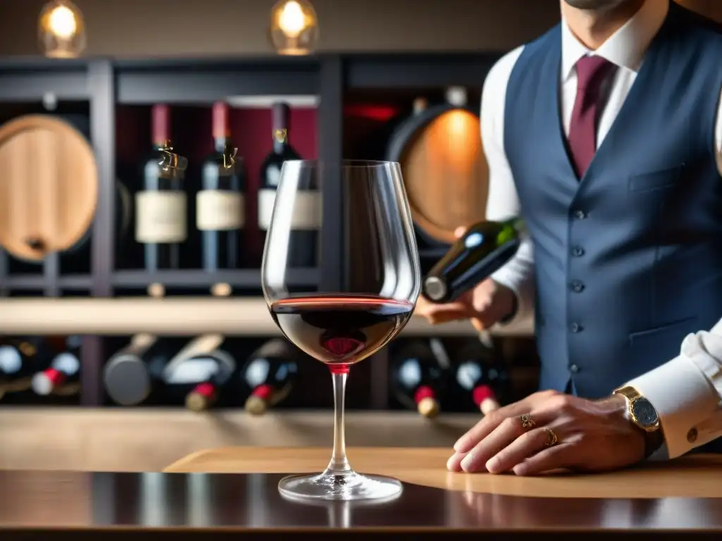 Un experto sommelier en Francia, admirando el intenso color y textura de un vino Bordeaux, en una elegante bodega