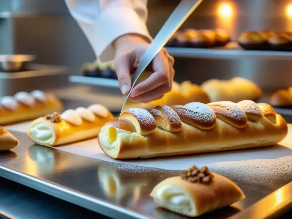 Un experto chef italiano decora un éclair francés en una pastelería parisina, fusionando técnicas culinarias