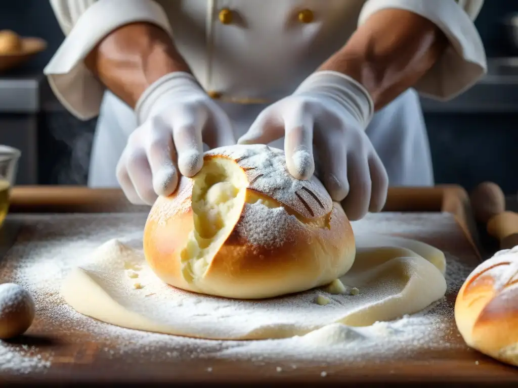 Experto chef francés amasa masa con precisión, mostrando técnicas horneado pan postres franceses