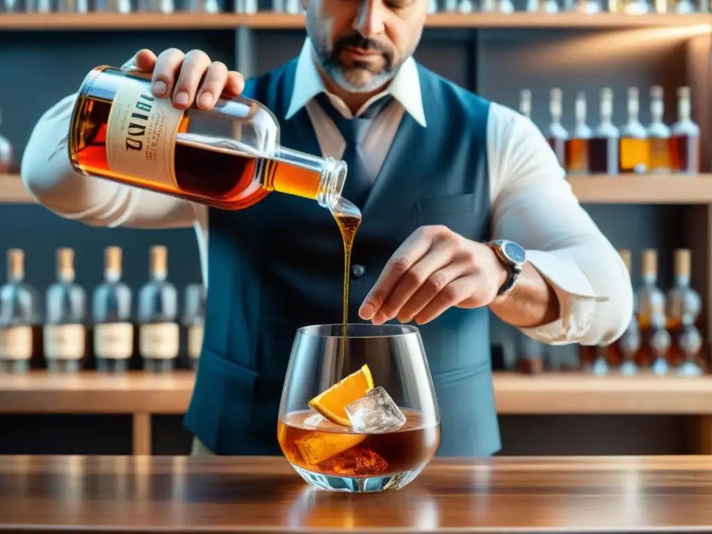 Un experto mixólogo francés vierte con precisión Armagnac y Cognac en un vaso de cristal, creando una atmósfera lujosa y refinada