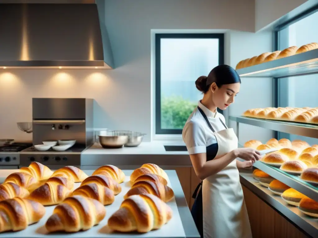 Un experto panadero moldea croissants en una cocina moderna y luminosa