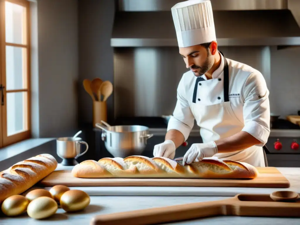 Un experto panadero da forma a una baguette en una cocina moderna