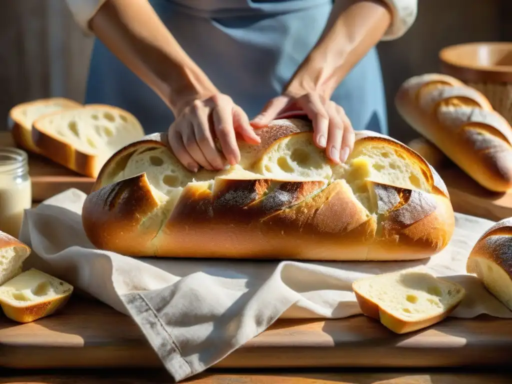 Un experto panadero francés cortando una hogaza rústica de pan francés en una panadería soleada