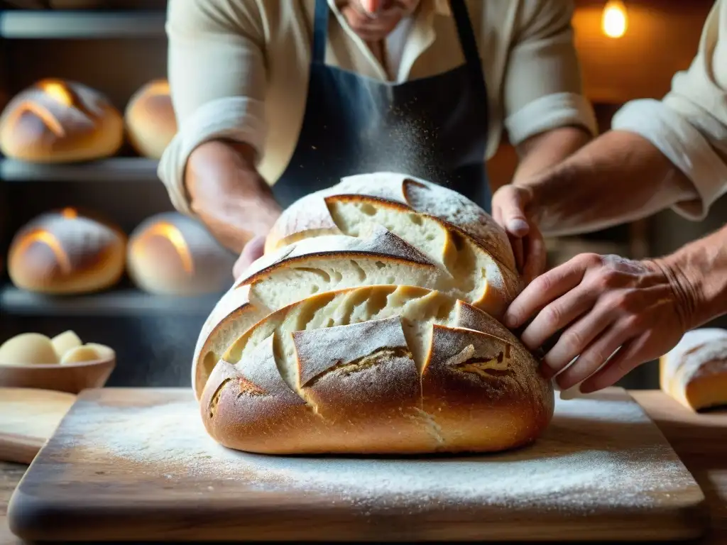 Experto panadero francés moldeando masa de pan de masa madre, destacando la fermentación en la gastronomía francesa