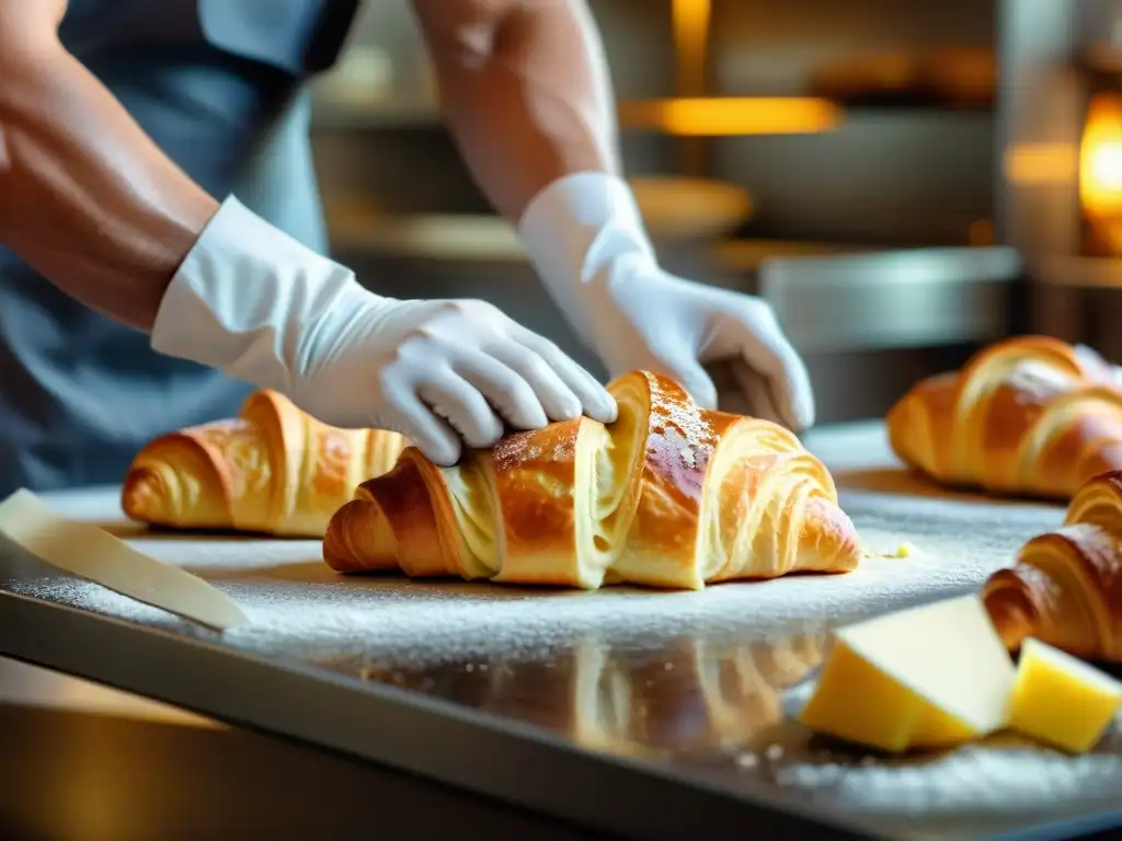 El experto panadero elabora con precisión un croissant en una panadería francesa, con un toque auténtico