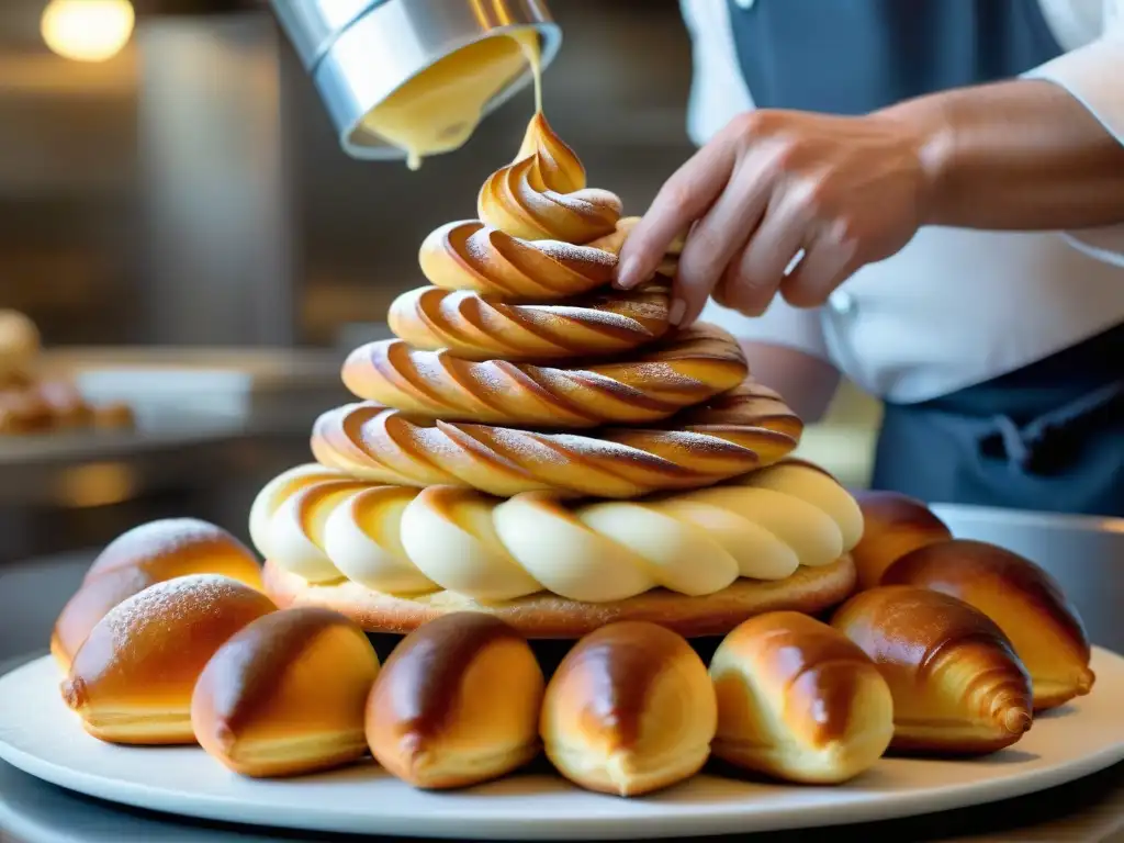 Un experto pastelero francés crea arte pastelera con precisión y destreza en una pastelería tradicional, rodeado de croissants dorados